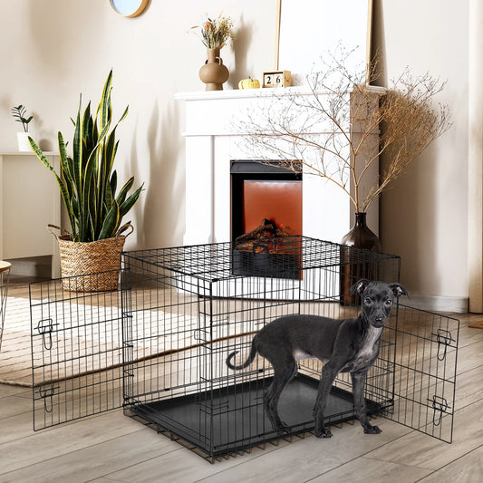 JHK Double Door Folding Metal Wire Dog Crate Leakproof Pan
