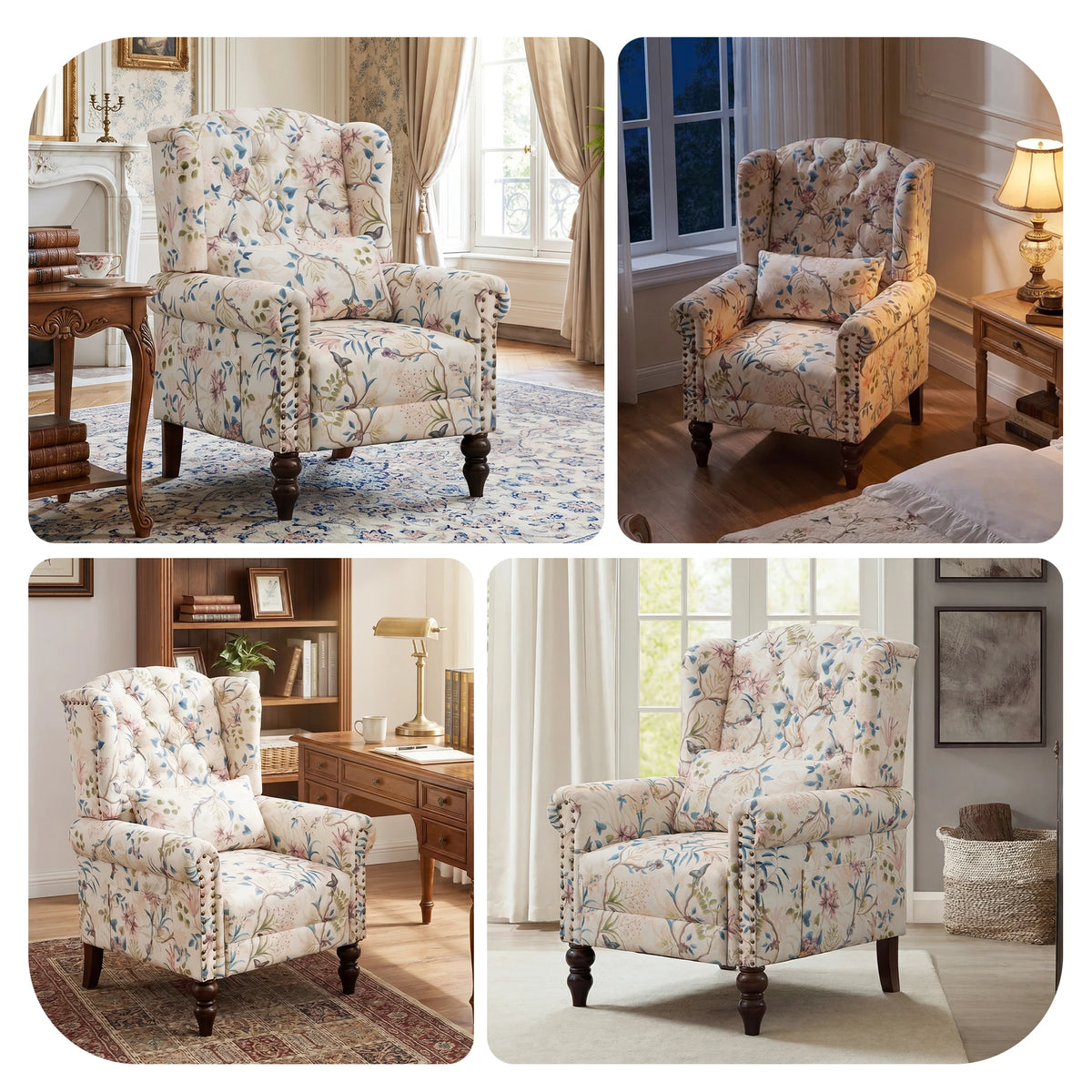 TCGBKAF Vintage Floral Fabric Wingback Armchair With Rotating Base