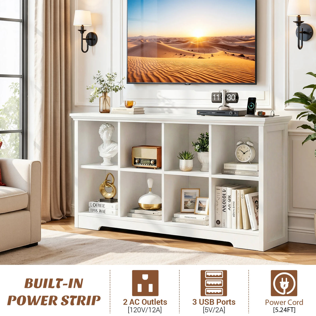Aheaplus 8 Cube Wooden Bookshelf With Integrated Charging Ports