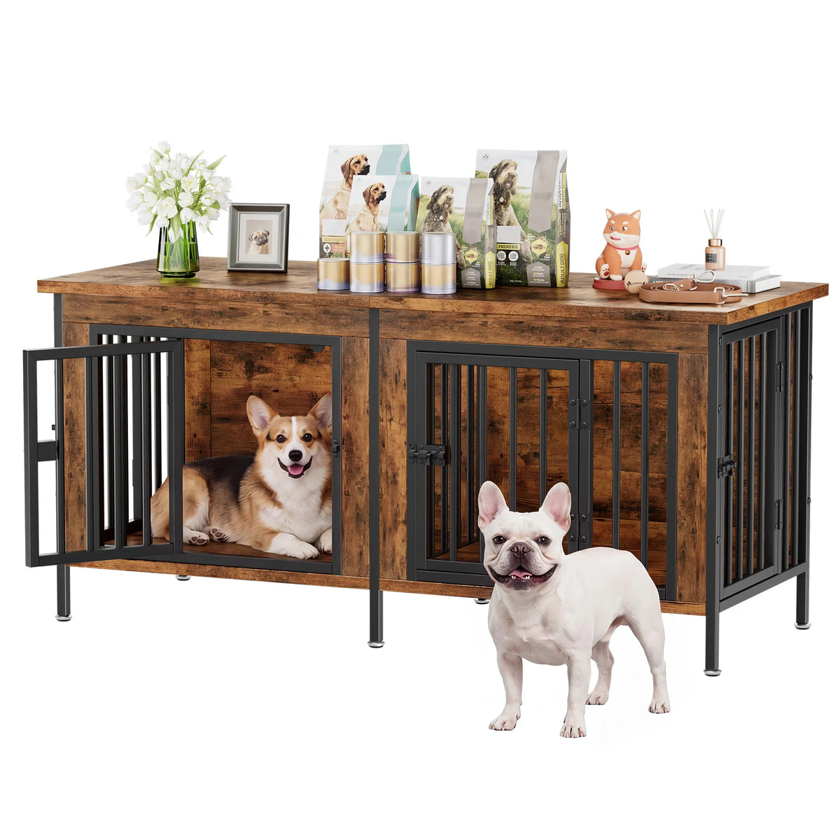 JHK 54 Inch Double Door Wooden Dog Cage with Divider Heavy Duty Extra Large Pet Kennel for Indoor Outdoor Dog Kennel Furniture