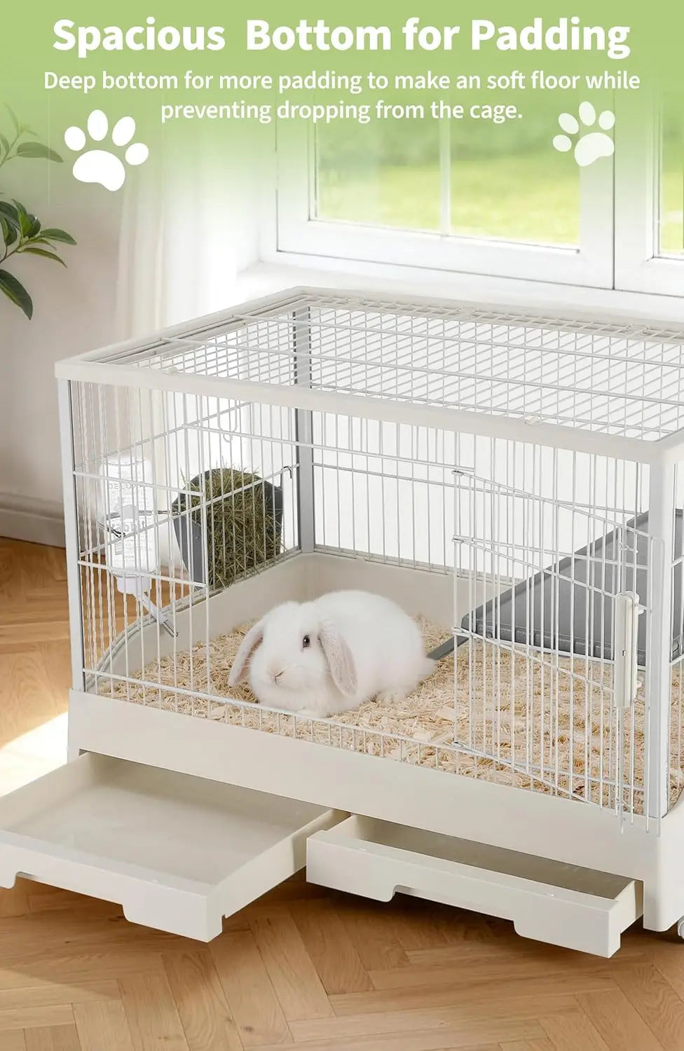 Large Rabbit Hutch, Small Animal Cage with 2 Removable Tray, Ramp, 6 Casters, Water & Hay Feeder, for Rabbit, Hamster, Guin