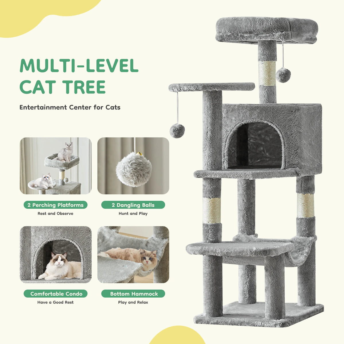JHK Sturdy Sisal Cat Tree Climbing Tower For Indoor Pets