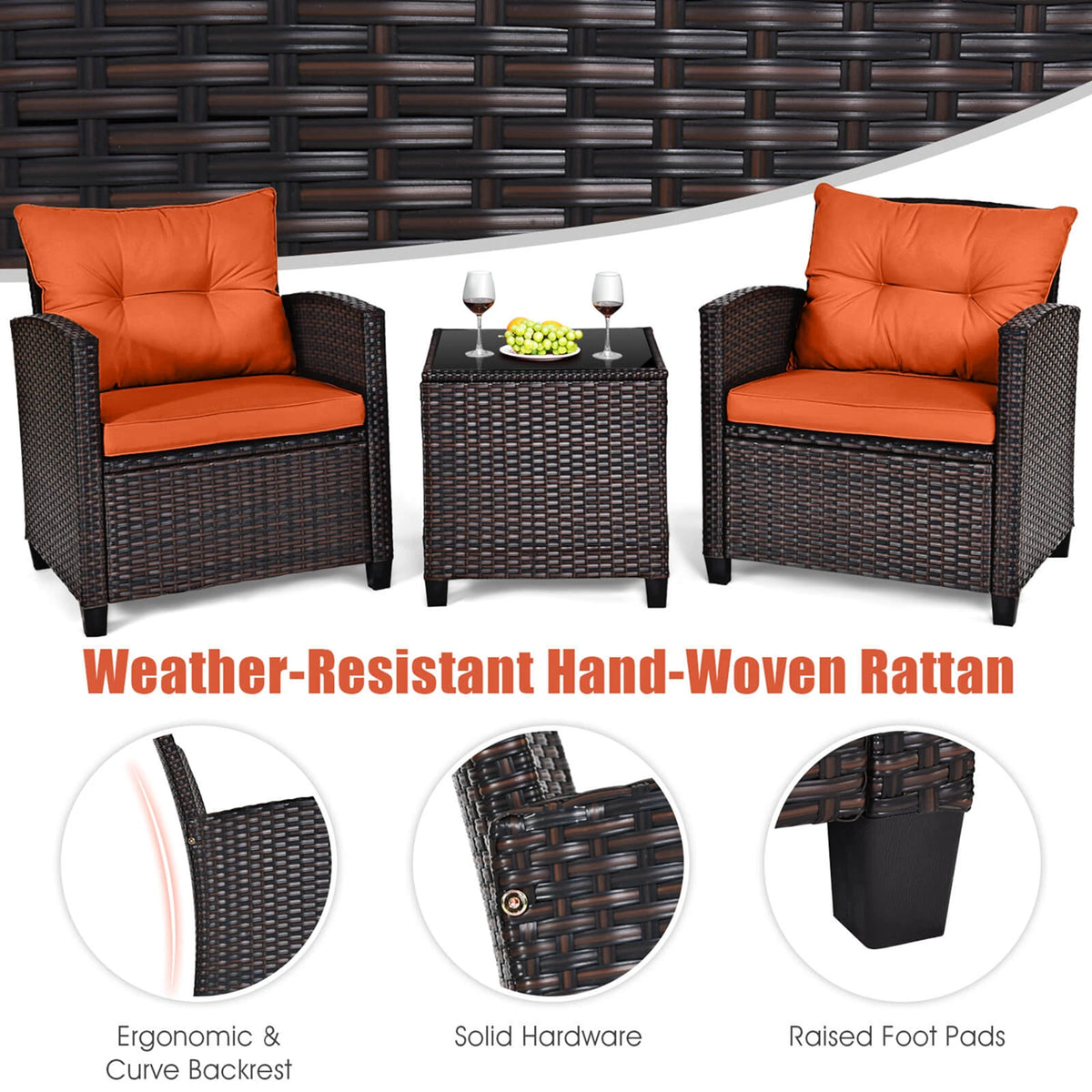 Homasis 3 Piece Rattan Patio Conversation Set With Cushions