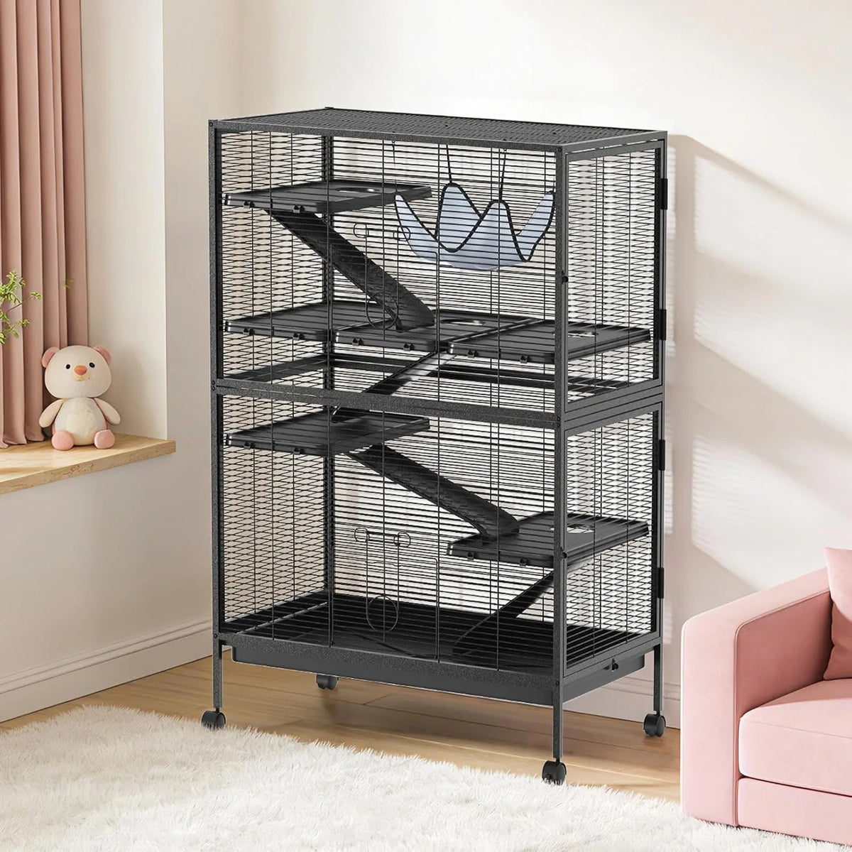 50in Tall Ferret Cage Multi Level Small Animal Habitat with Hammock Removable Platforms Ramp Rolling Wheels Bottom Tray for Sugar Glider Chinchilla Guinea Pig Rabbit and Small Pets