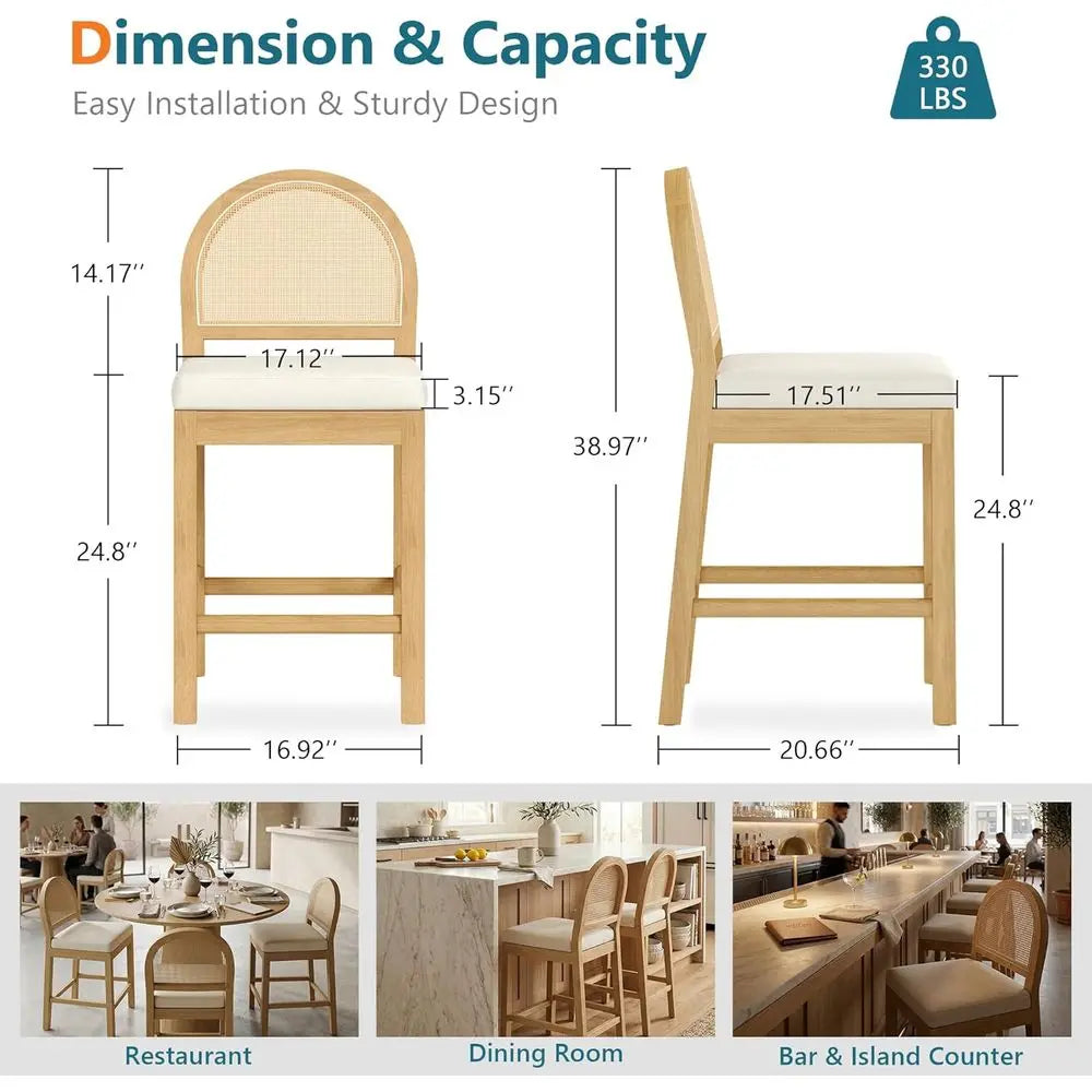 Upholstered Rattan Counter Height Bar Stools With Soft Chenille Seats
