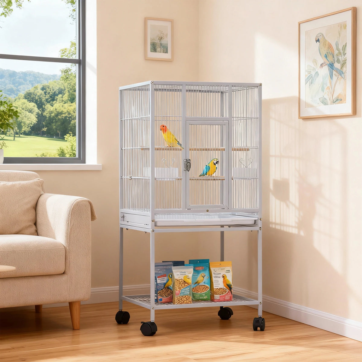 53.5" Small Animal Cage, 5-Level Metal Ferret or Bunny Cage with Wheels, Chinchilla Cage with Removable Tray, 2 Front Doors, Ram