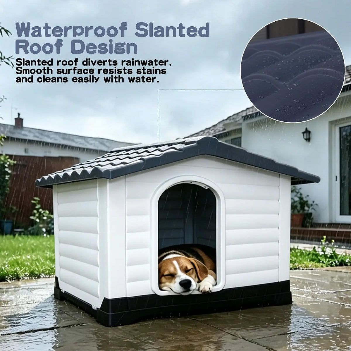 Waterproof 2-Door Dog House, Grey – Fold-Out Porch, Elevated Base, for Indoor/Outdoor Use, Small & Medium Dogs, 31"L X 21"W X 26"H, Easy Assembly