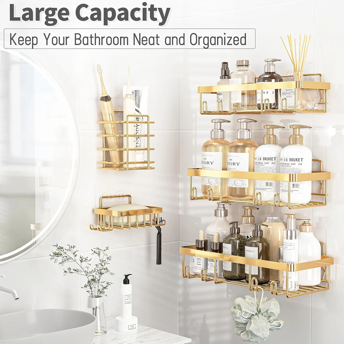 Adhesive Stainless Steel Shower Caddy Set For Bathroom Storage
