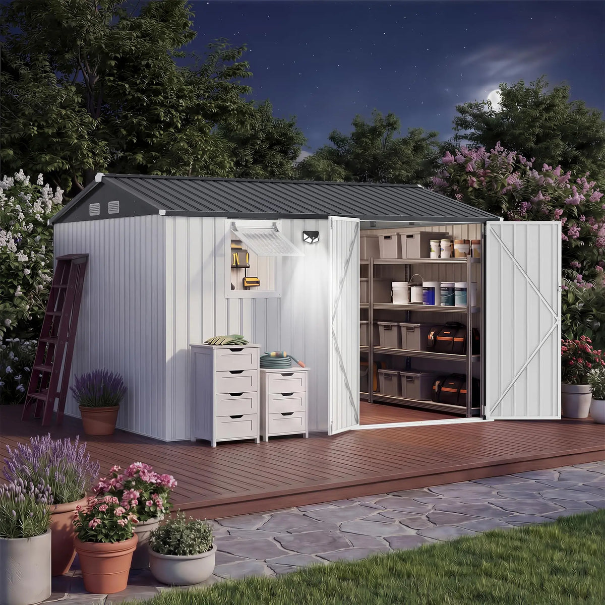 HiMISS Metal Garden Storage Shed With Sloped Roof Lockable Doors