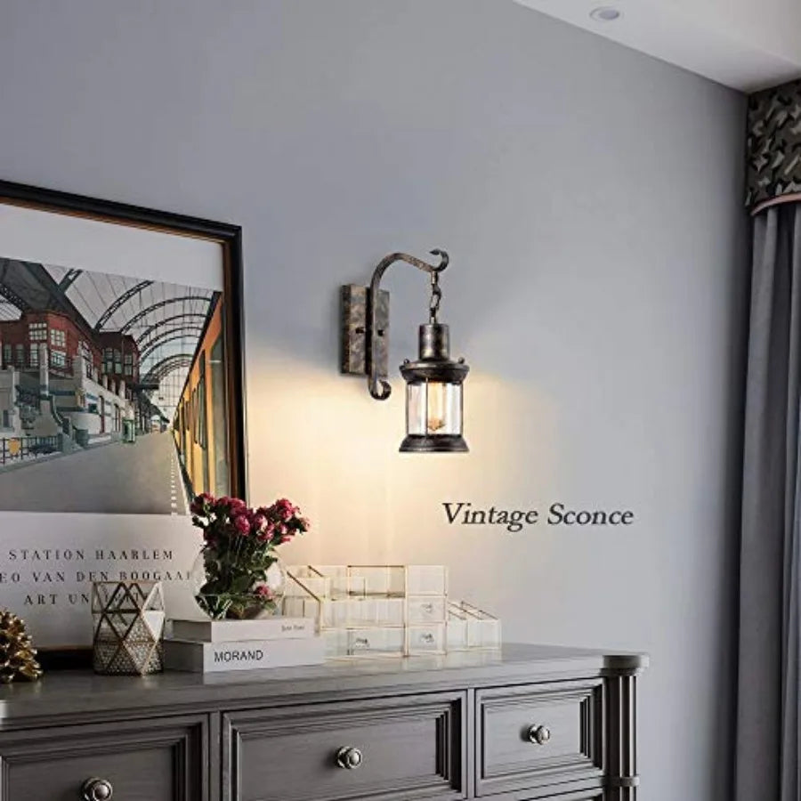 Rustic Wall Lamps, Lantern Wall Sconce Plug in Oil Rubbed Antique Wall Sconce Fixtures Farmhouse Interior Wall Lighting for Bed