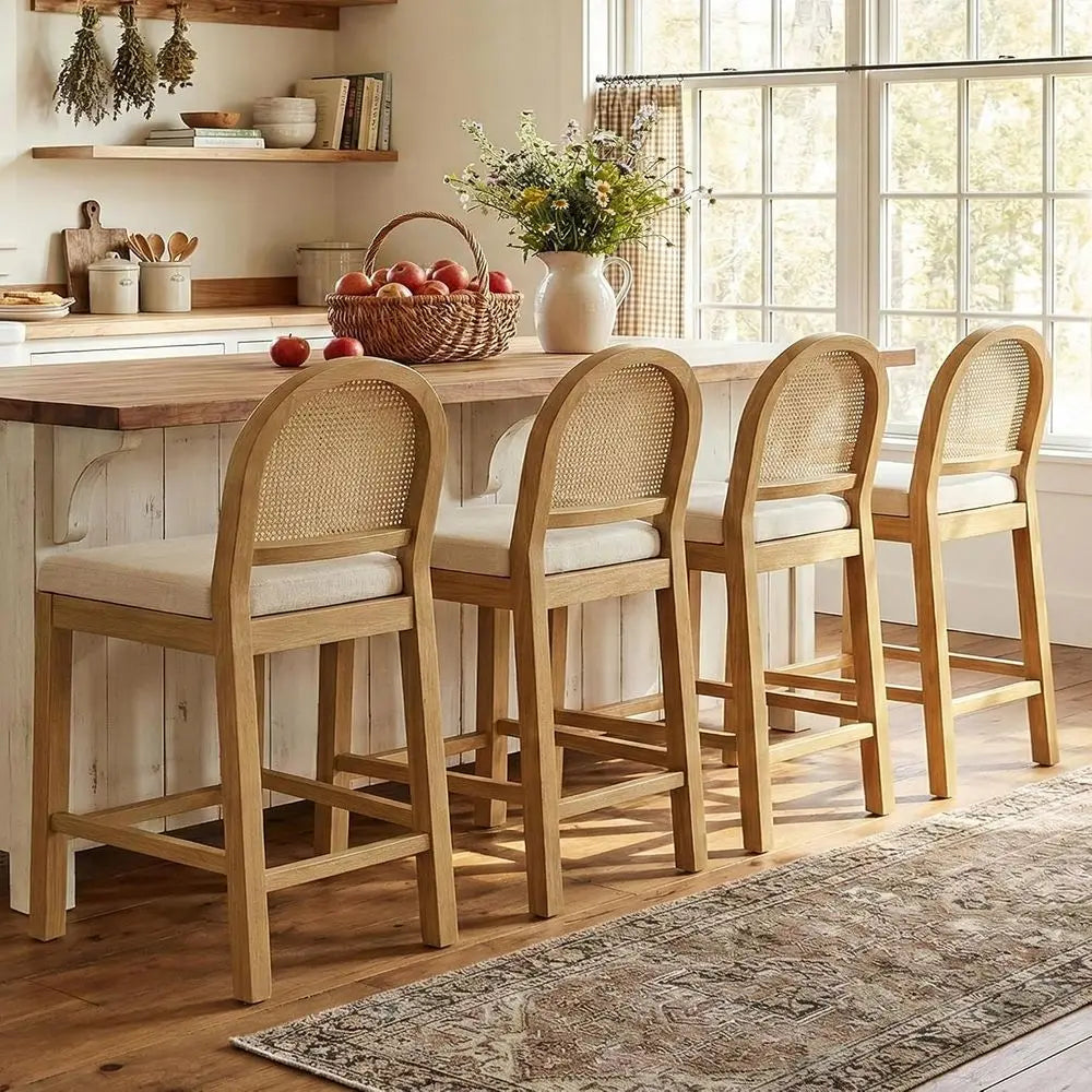 Upholstered Rattan Counter Height Bar Stools With Soft Chenille Seats