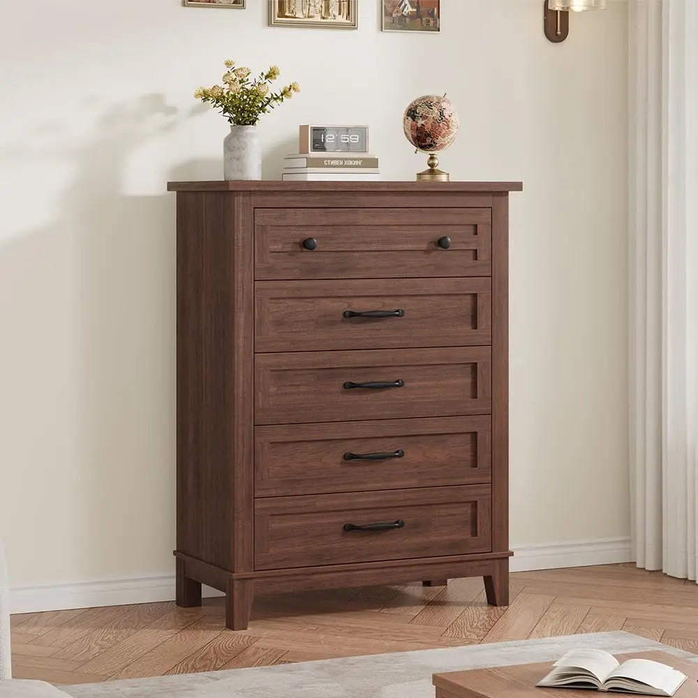 Five Drawer Wooden Dresser With Spacious Bedroom Storage Cabinet