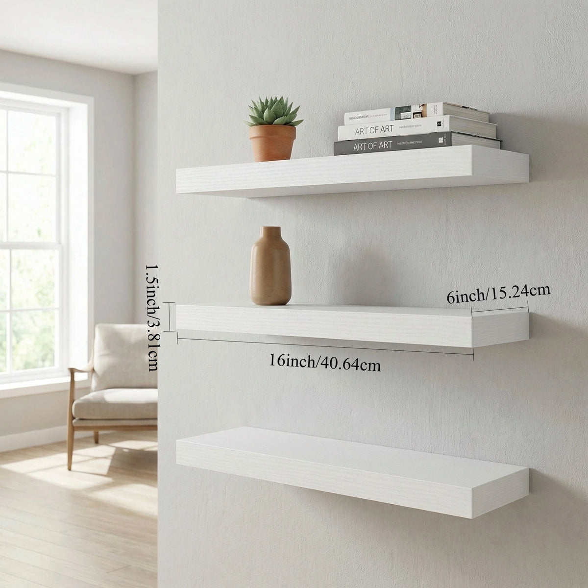 Set Of Three Floating Wall Shelves With Invisible Brackets