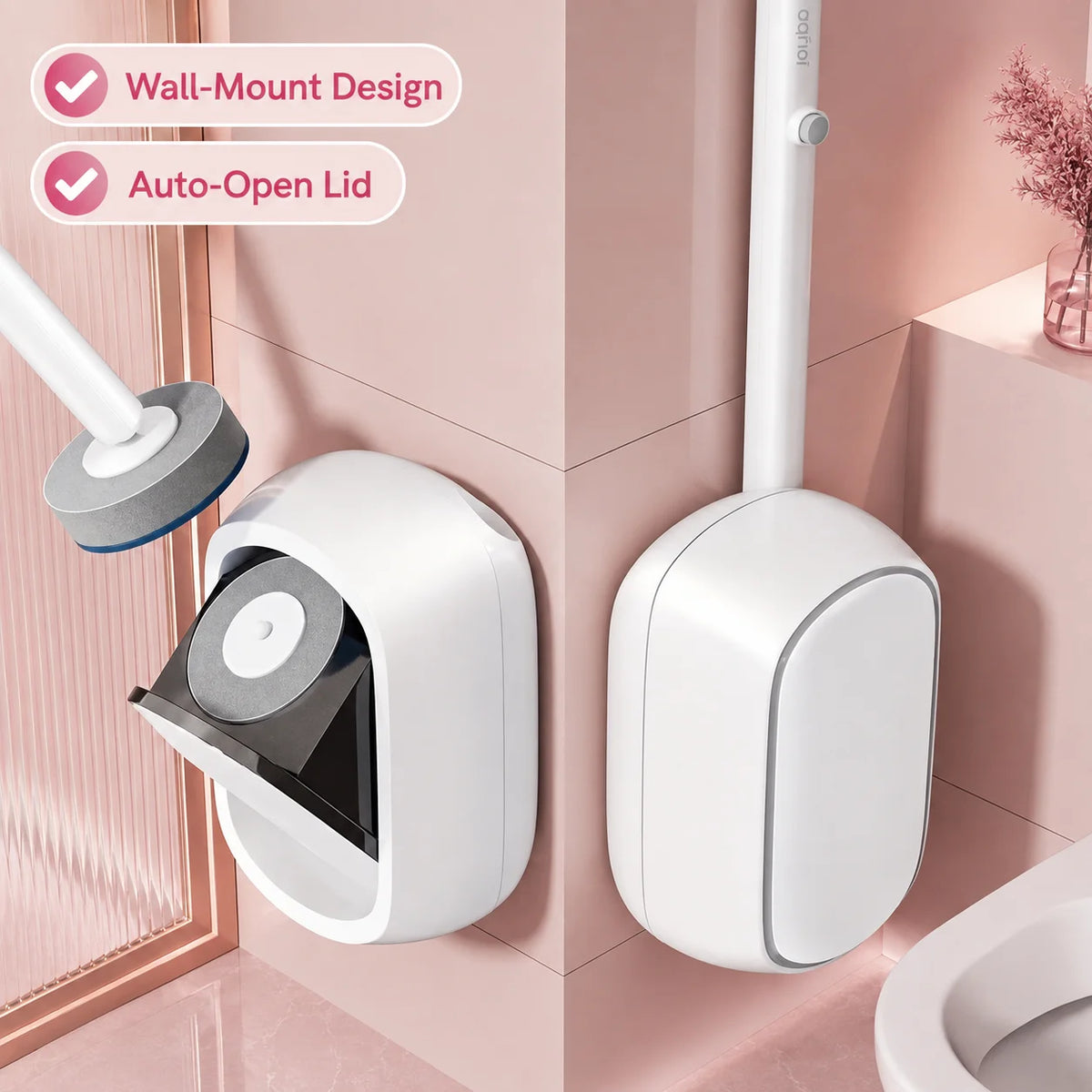 Joybos Wall-Mounted Toilet Brush with Replaceable Heads and Auto-Open Bracket