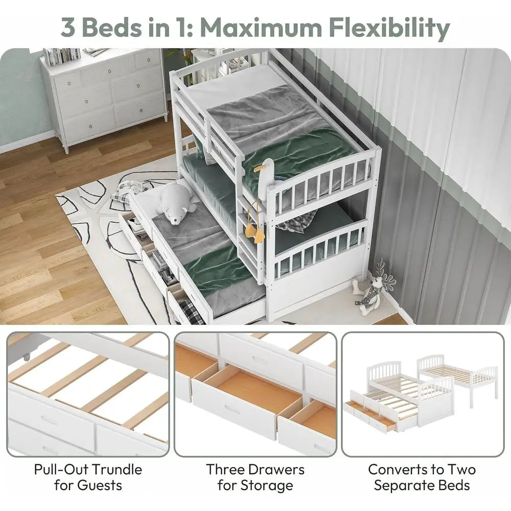 Wood Bunk Bed with Trundle 3 Drawers for Kids Bedroom