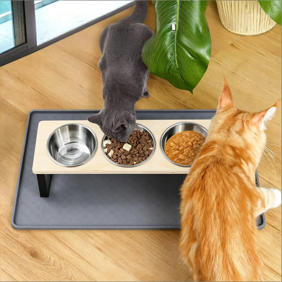 Elevated Cat Feeder With Tilted Stainless Steel Bowls And Mat