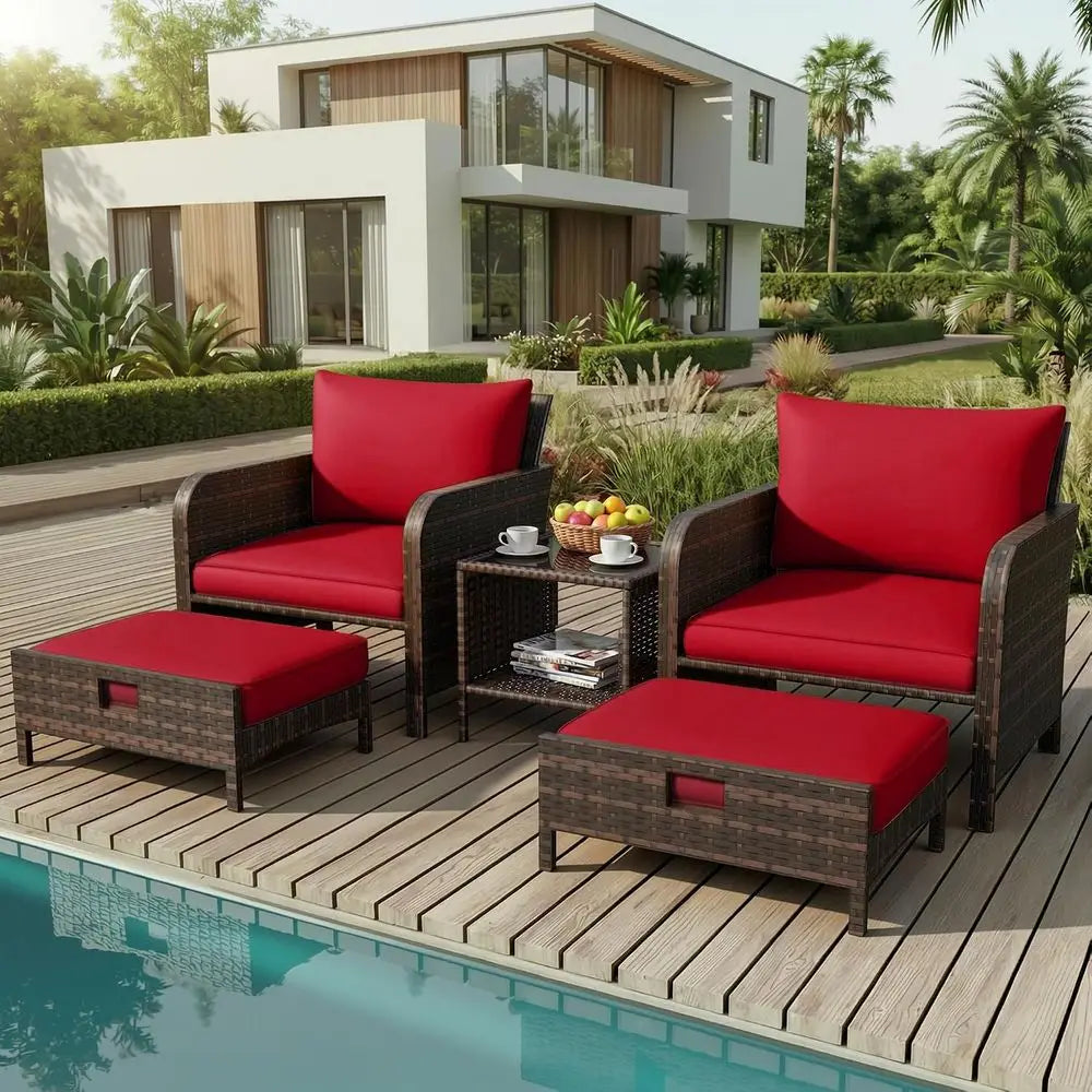 Outdoor Rattan Patio Lounge Set With Ottomans And Glass Table