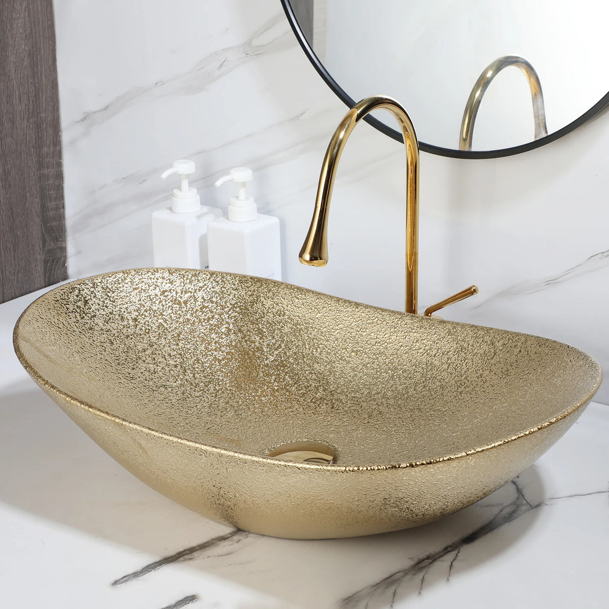 MEKKHALA Oval Ceramic Bathroom Vessel Sink Faucet And Drain Set