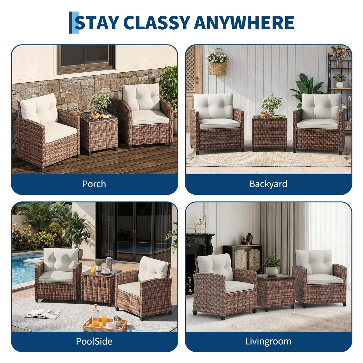 HiMISS Outdoor Wicker Bistro Set With Cushions And Coffee Table