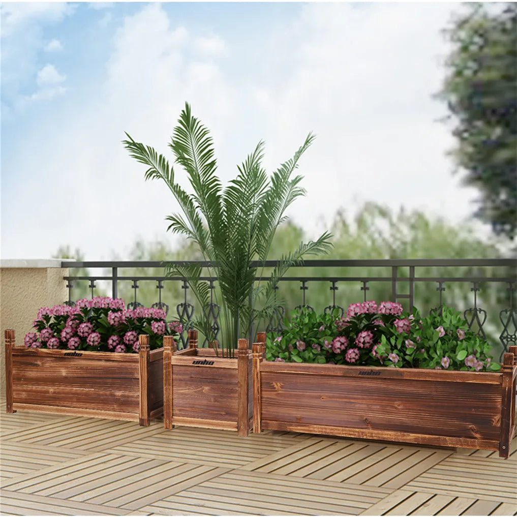 Durable Pine Wood Raised Flower Bed Planter For Garden Use