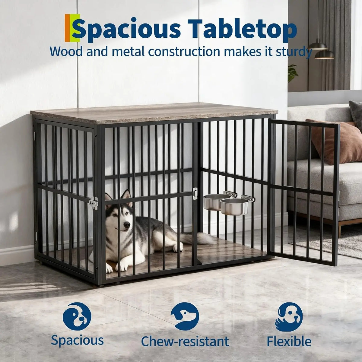 ANIXOL Wooden Dog Crate Furniture With Lockable Double Doors
