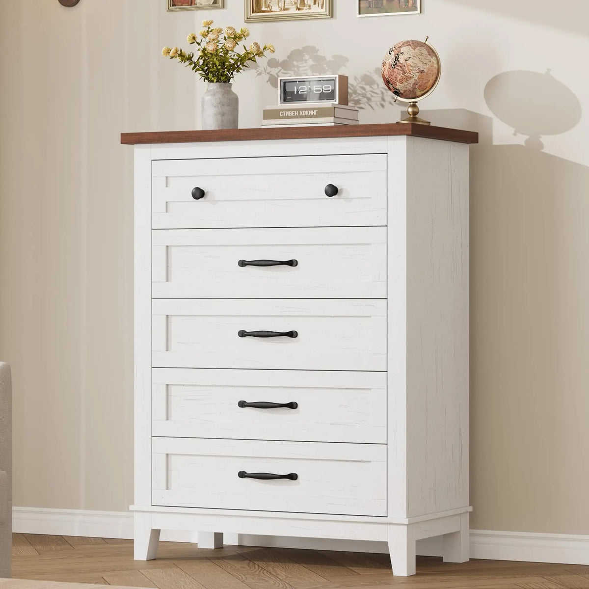 Five Drawer Wooden Dresser With Spacious Bedroom Storage Cabinet