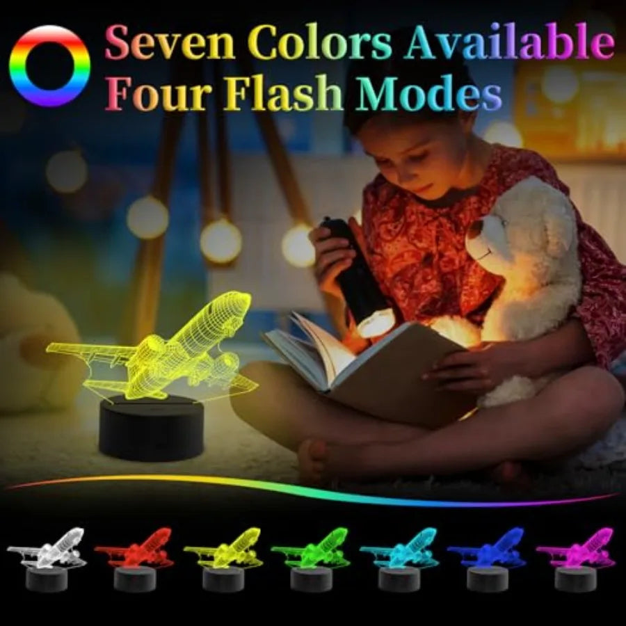 Airplane Night Light, 3D LED Illusion Night Lamp for Boys - Aircraft Themed Bedroom Lamps, Optical Illusion Lamp with Remote Co