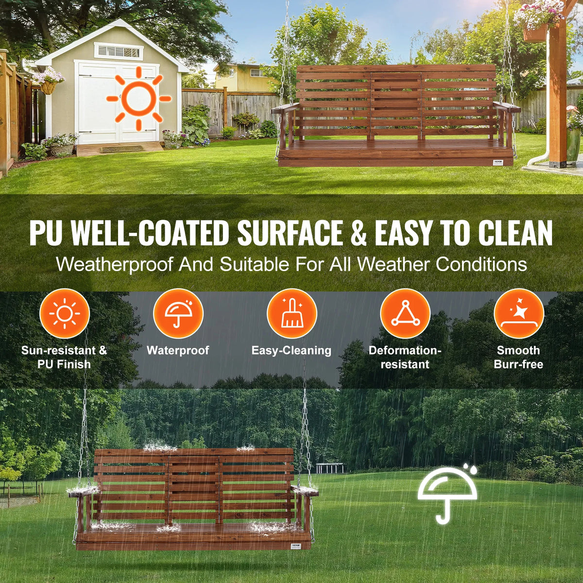 SucceBuy Wooden Porch Swing With Durable Cedar Wood Construction