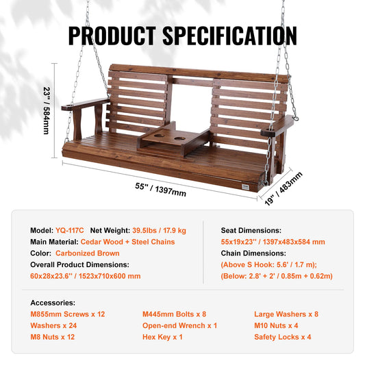 SucceBuy Wooden Porch Swing With Durable Cedar Wood Construction
