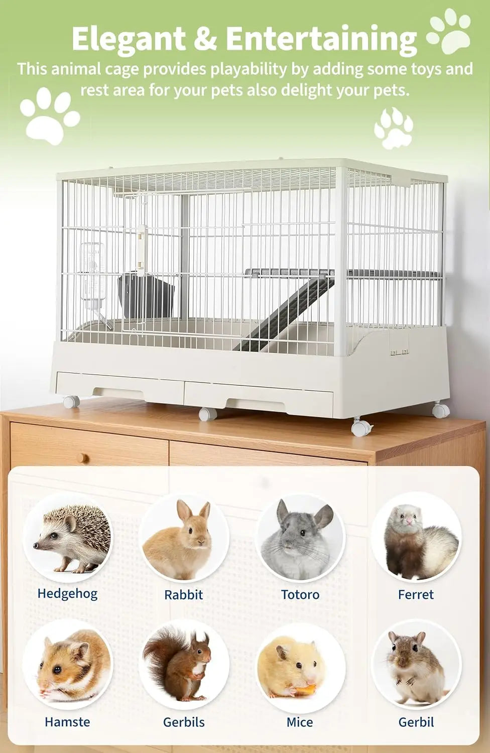 Large Rabbit Hutch, Small Animal Cage with 2 Removable Tray, Ramp, 6 Casters, Water & Hay Feeder, for Rabbit, Hamster, Guin