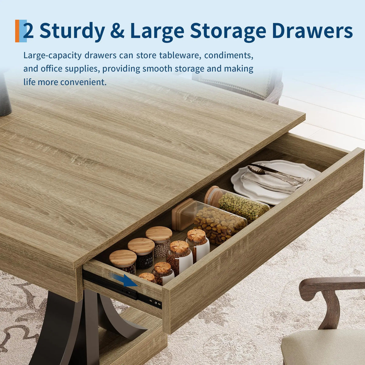 HiMISS Modern Dining Table With Storage Drawers And Metal Frame