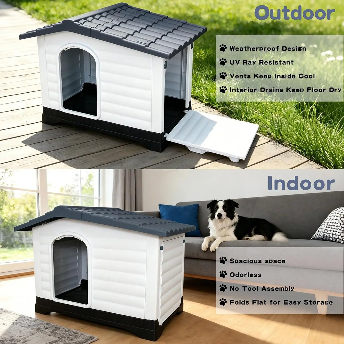 Waterproof 2-Door Dog House, Grey – Fold-Out Porch, Elevated Base, for Indoor/Outdoor Use, Small & Medium Dogs, 31"L X 21"W X 26"H, Easy Assembly