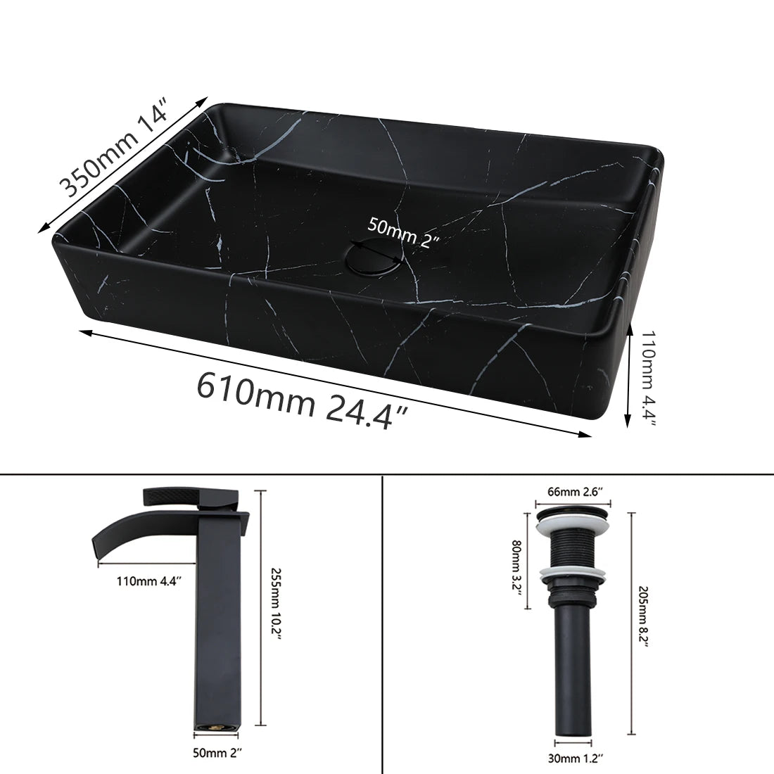 KEMAIDI Rectangular Ceramic Bathroom Vessel Sink With Drain