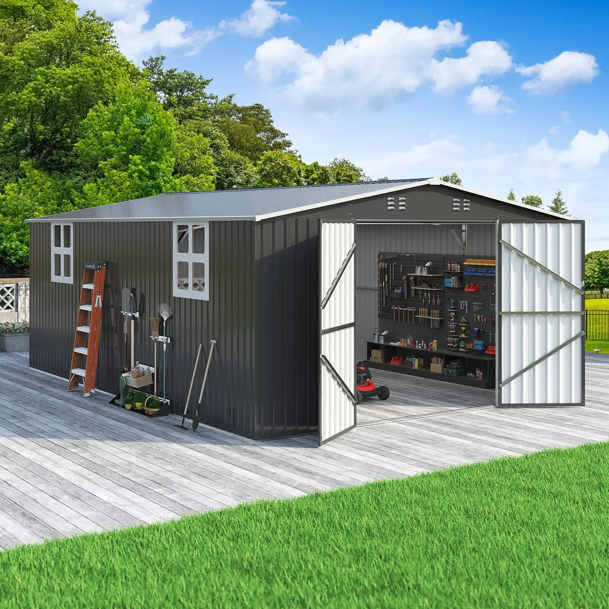 VIWAT Outdoor Metal Storage Shed With Lockable Door And Windows