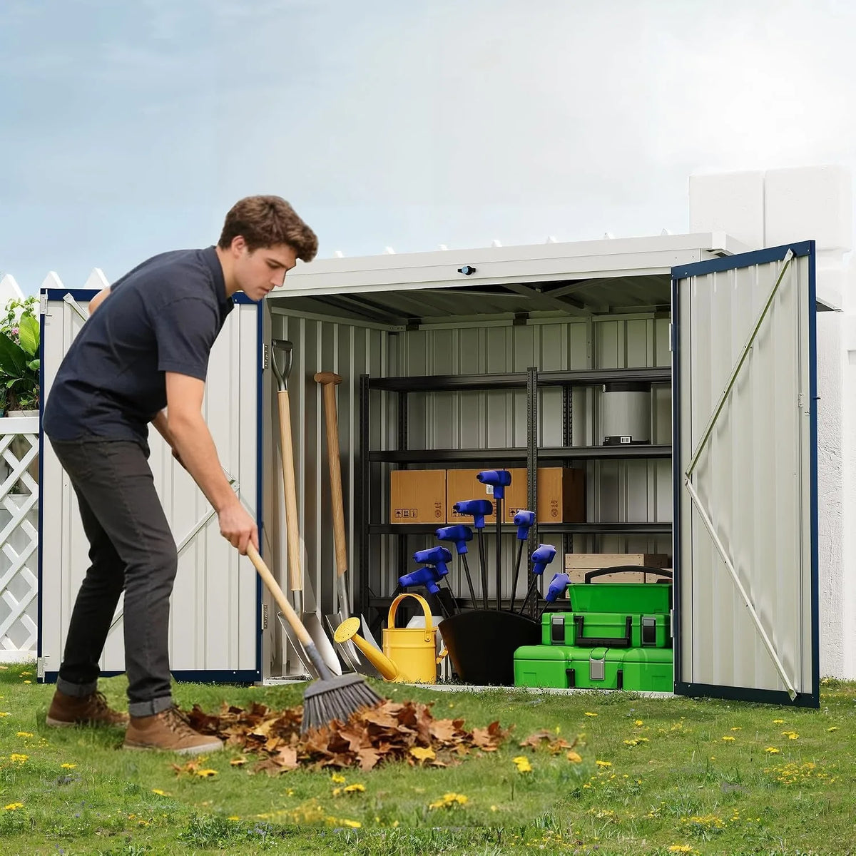Outdoor Metal Trash Can Storage Shed With Lockable Weatherproof Design