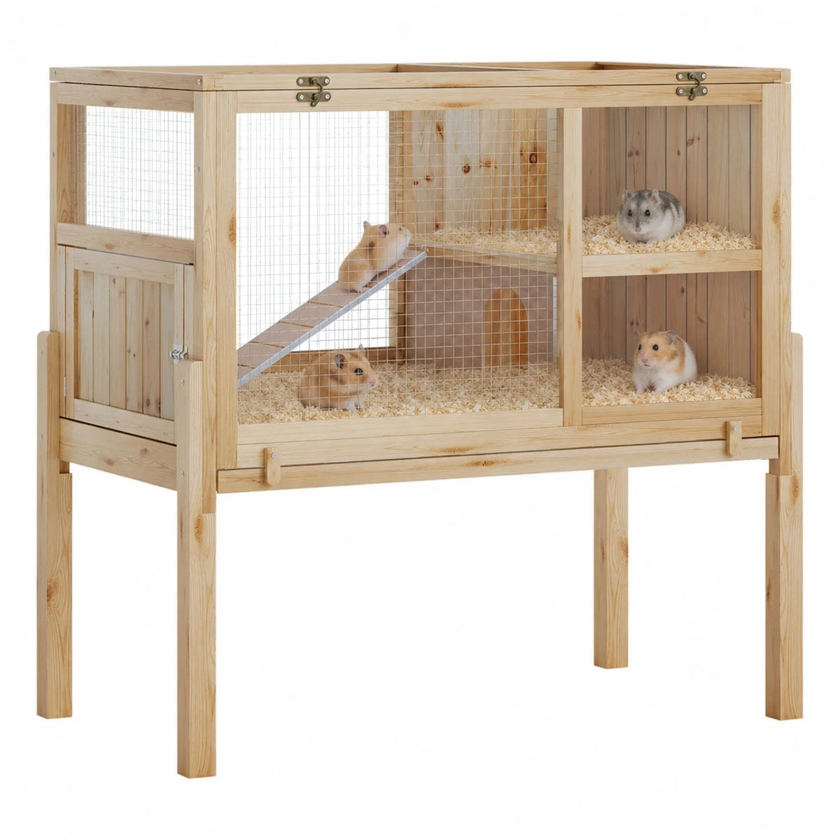 Wooden Guinea Pig Cage Indoor with Stand, 38" 2-Story Rabbit Hutch w/Ramp & Hideout, Clear Vision, Leak-Proof Pull-Out Tray, Lockable Door, Bunny Hamster Habitat