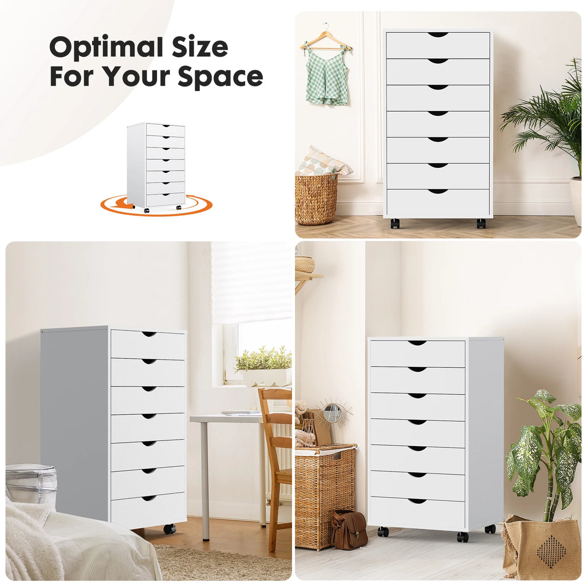 JHK 7 Drawer Wood Rolling Storage Cabinet With Spacious Compartments