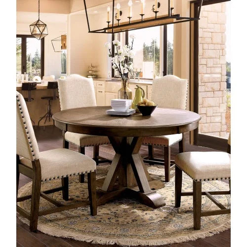 Light Oak Round Dining Set 5 Upholstered Chairs Solid Wood