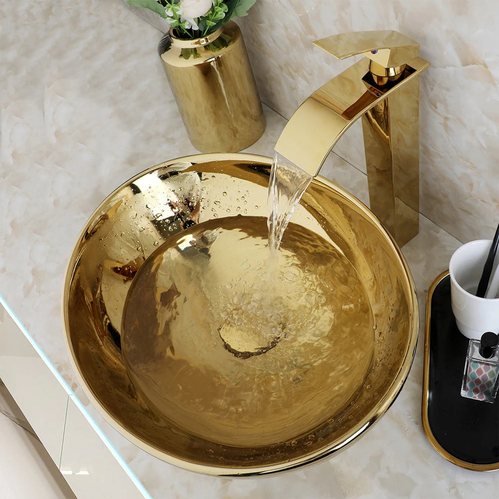 KEMAIDI Ceramic Vessel Sink Bathroom Vanity Basin With Faucet