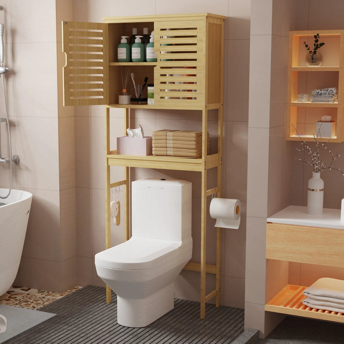 Natural Bamboo Over Toilet Storage Rack With Three Tier Shelves