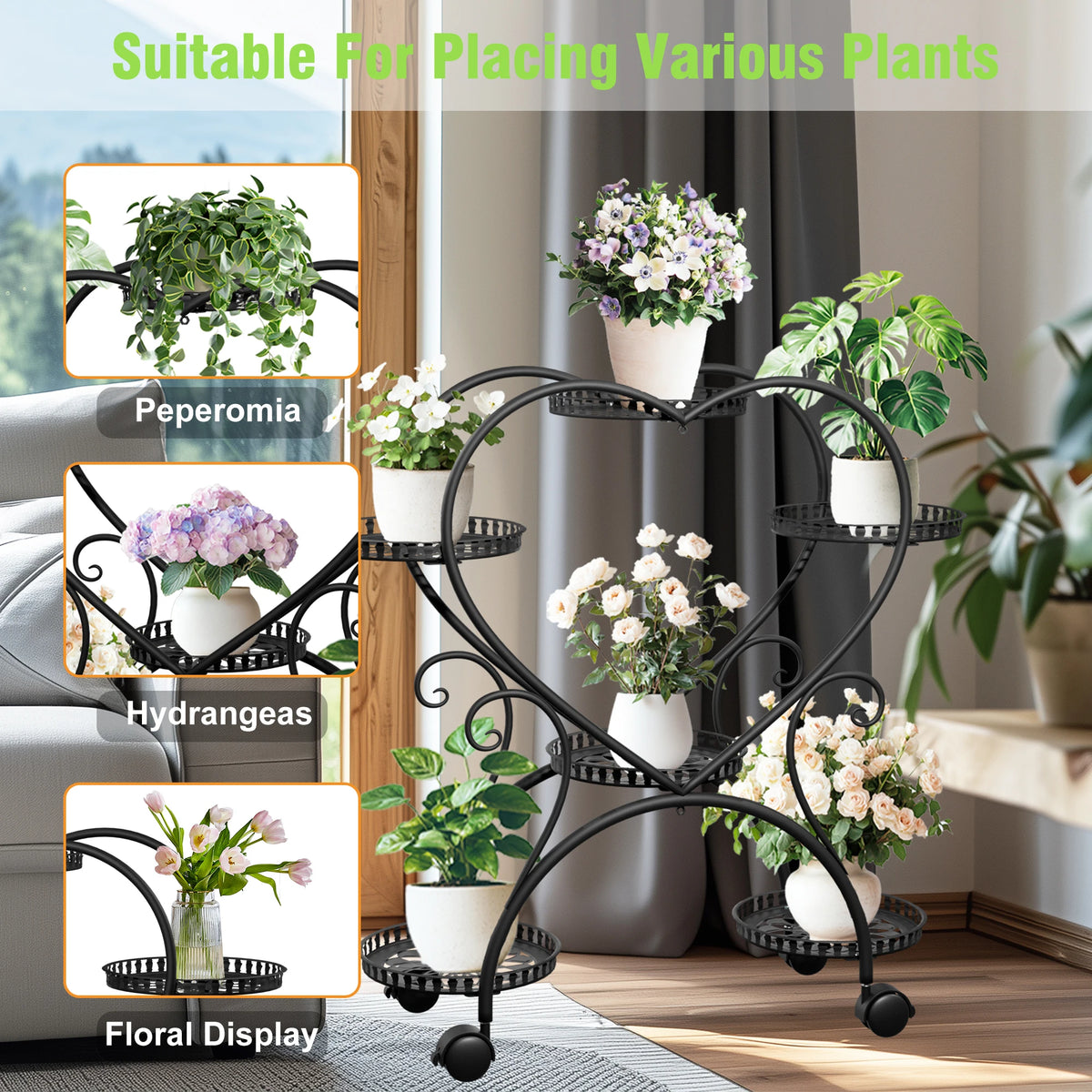 Wisfor Heart Shaped Metal Rolling Plant Stand Garden Display Rack