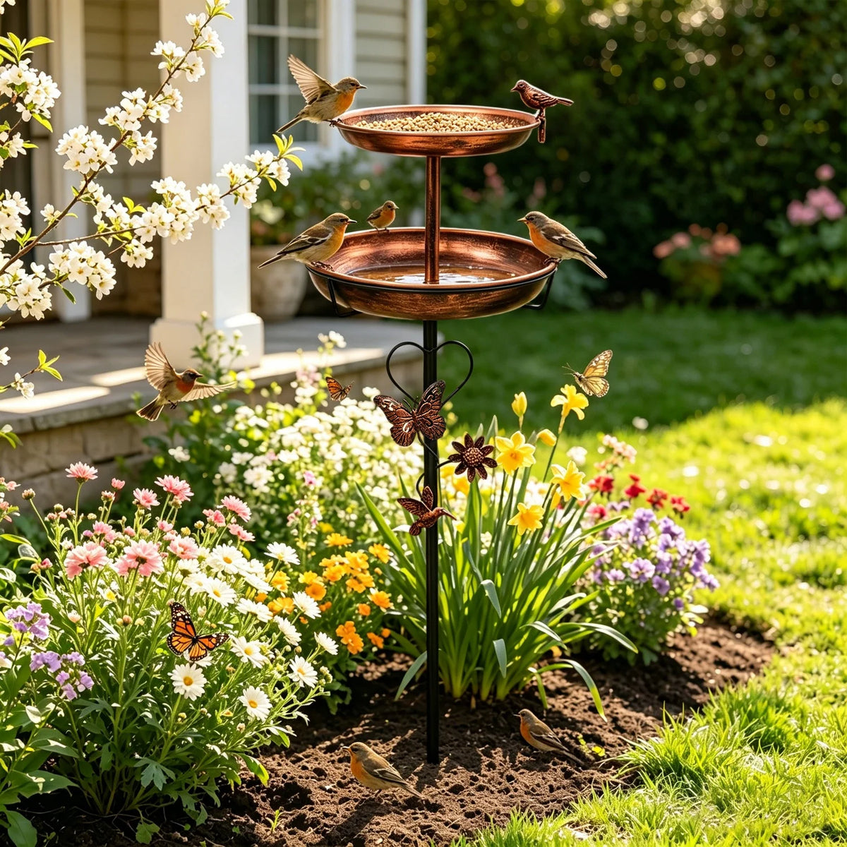 Two Tier Metal Bird Bath Feeder For Garden Patio Decor