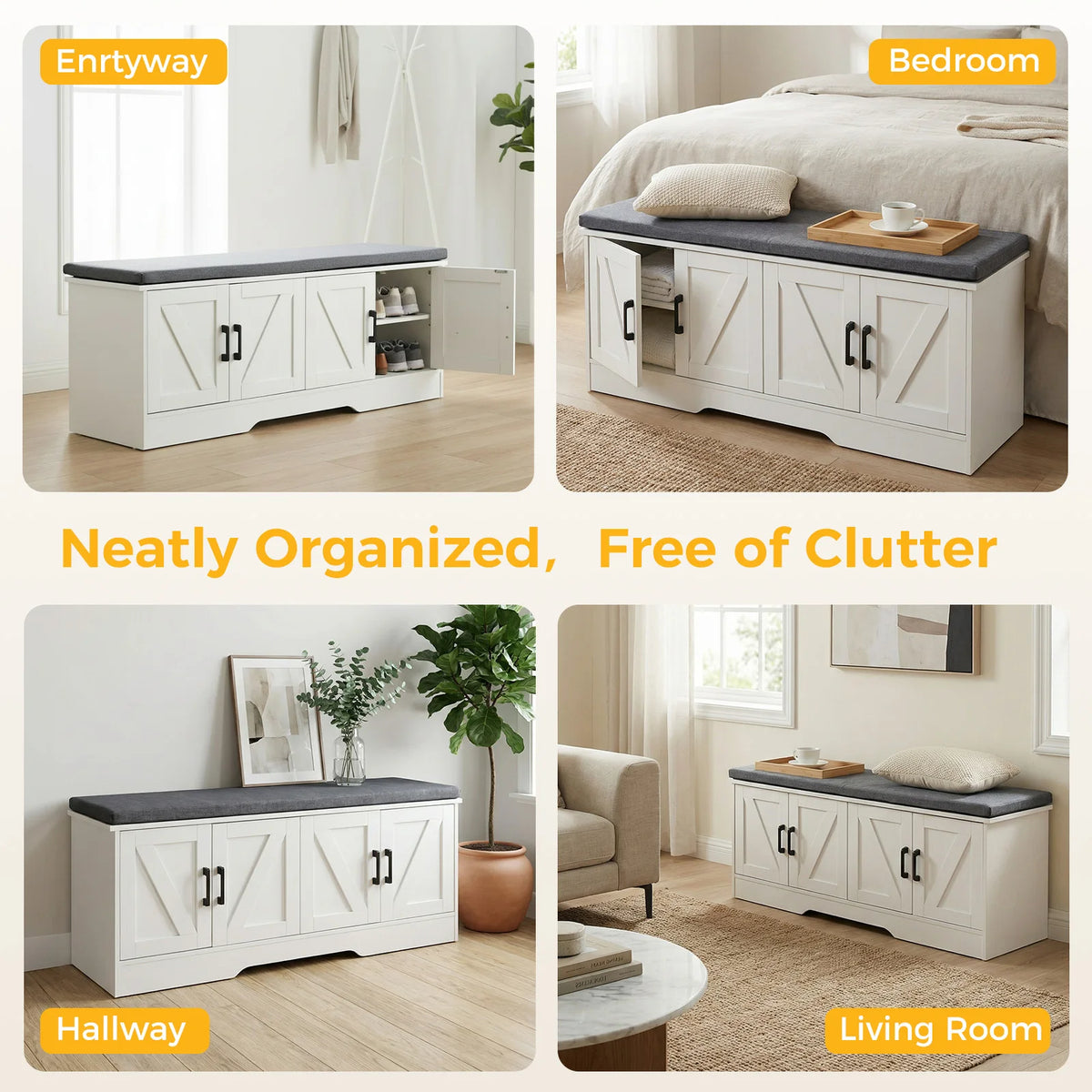 JHK Storage Bench With Padded Seat And Entryway Shoe Cabinet
