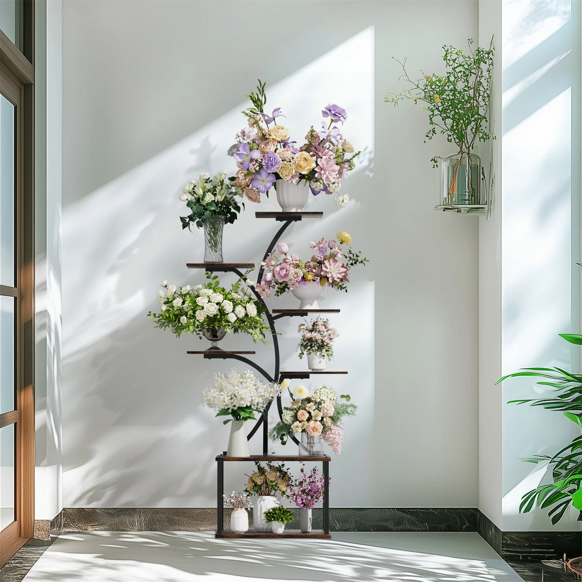 Tree Shaped Metal Plant Stand With Wooden Display Shelves