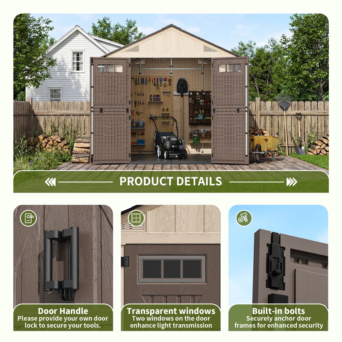 VIWAT Outdoor Resin Storage Shed With Lockable Door And Windows
