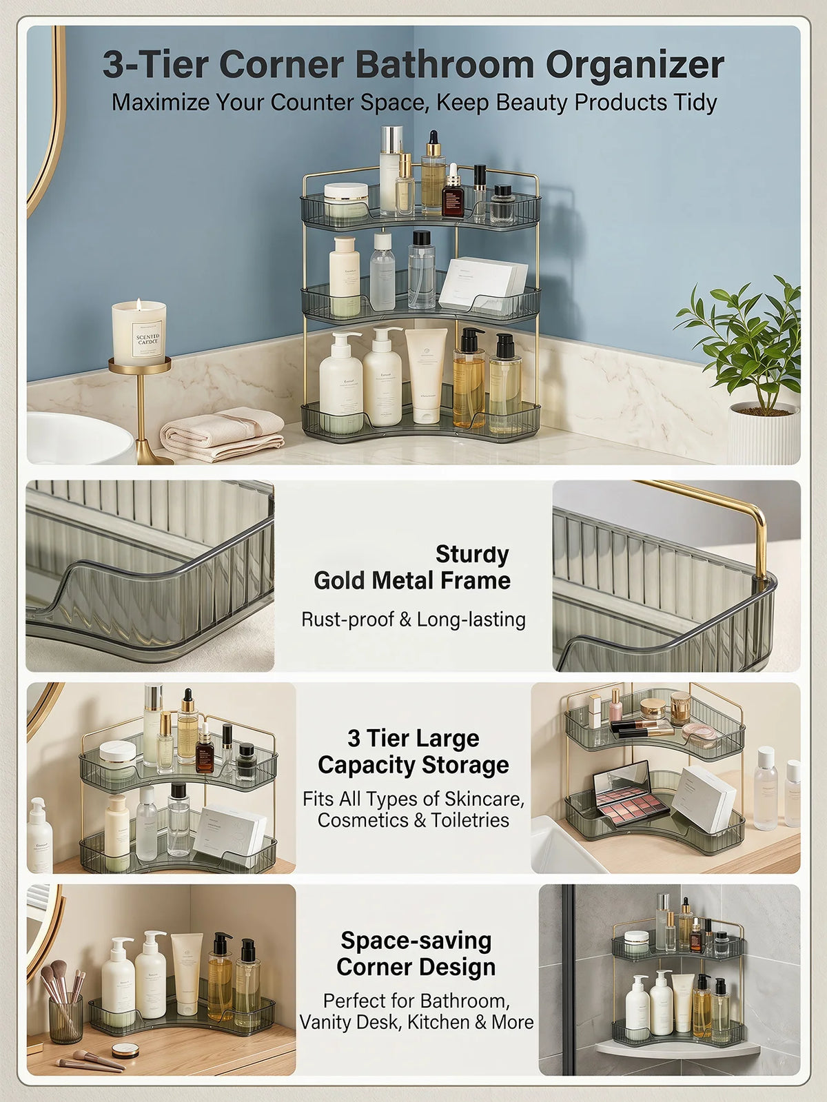 Bathroom Countertop Storage Organizer Rack With Hooks