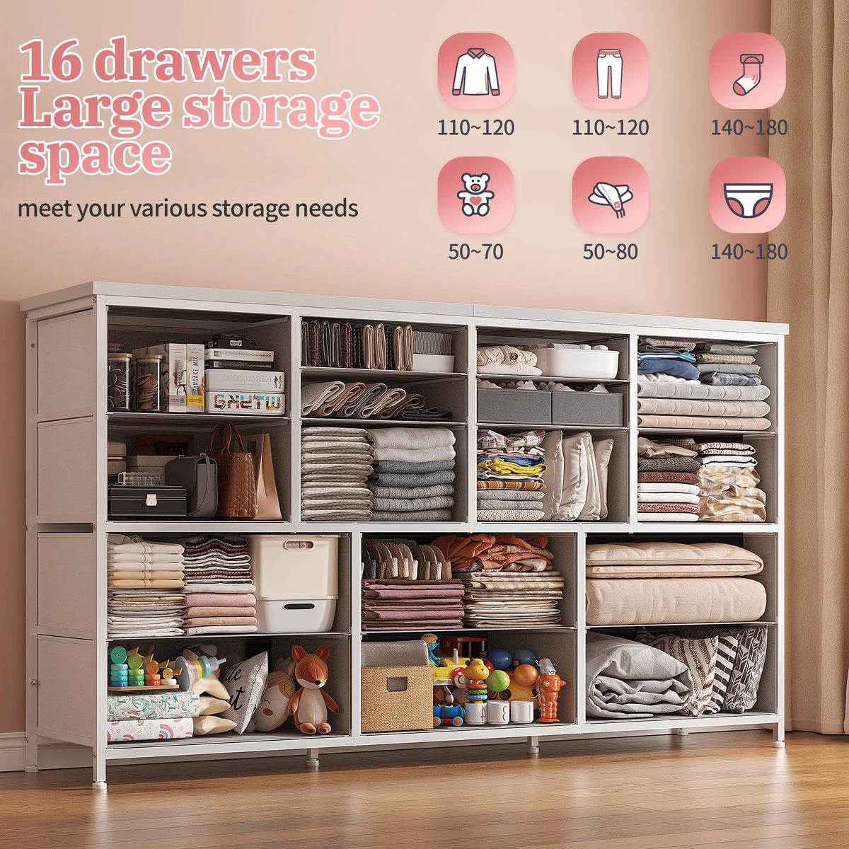 EnHomee 16 Drawer TV Stand Charging Station Long Storage Dresser