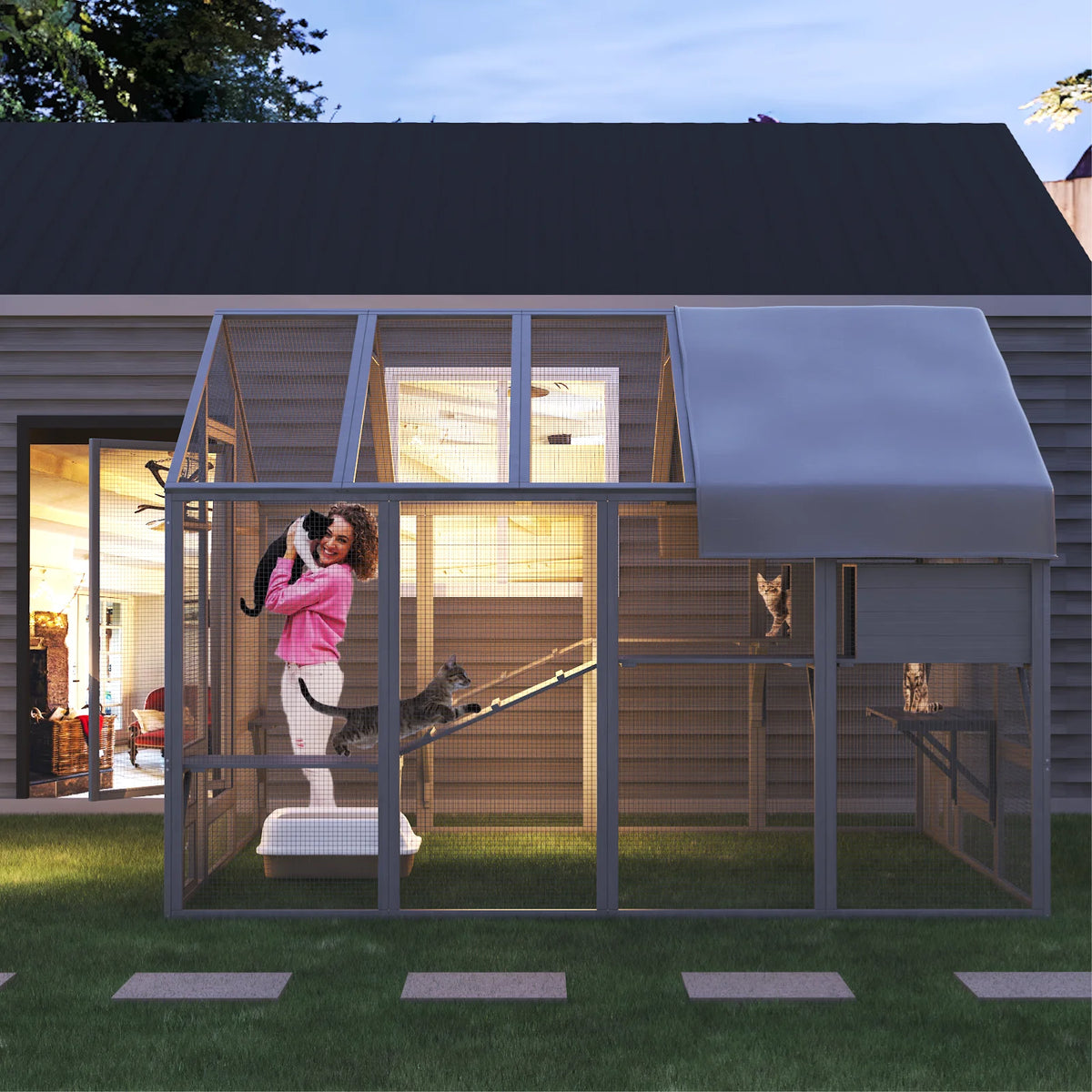 96.5" Walk-In Outdoor Cat Enclosure, Extra Large Waterproof Catio for Multiple Cats, Cat Run Cage with 2 Condos, 7 Platforms & Bridges, Grey