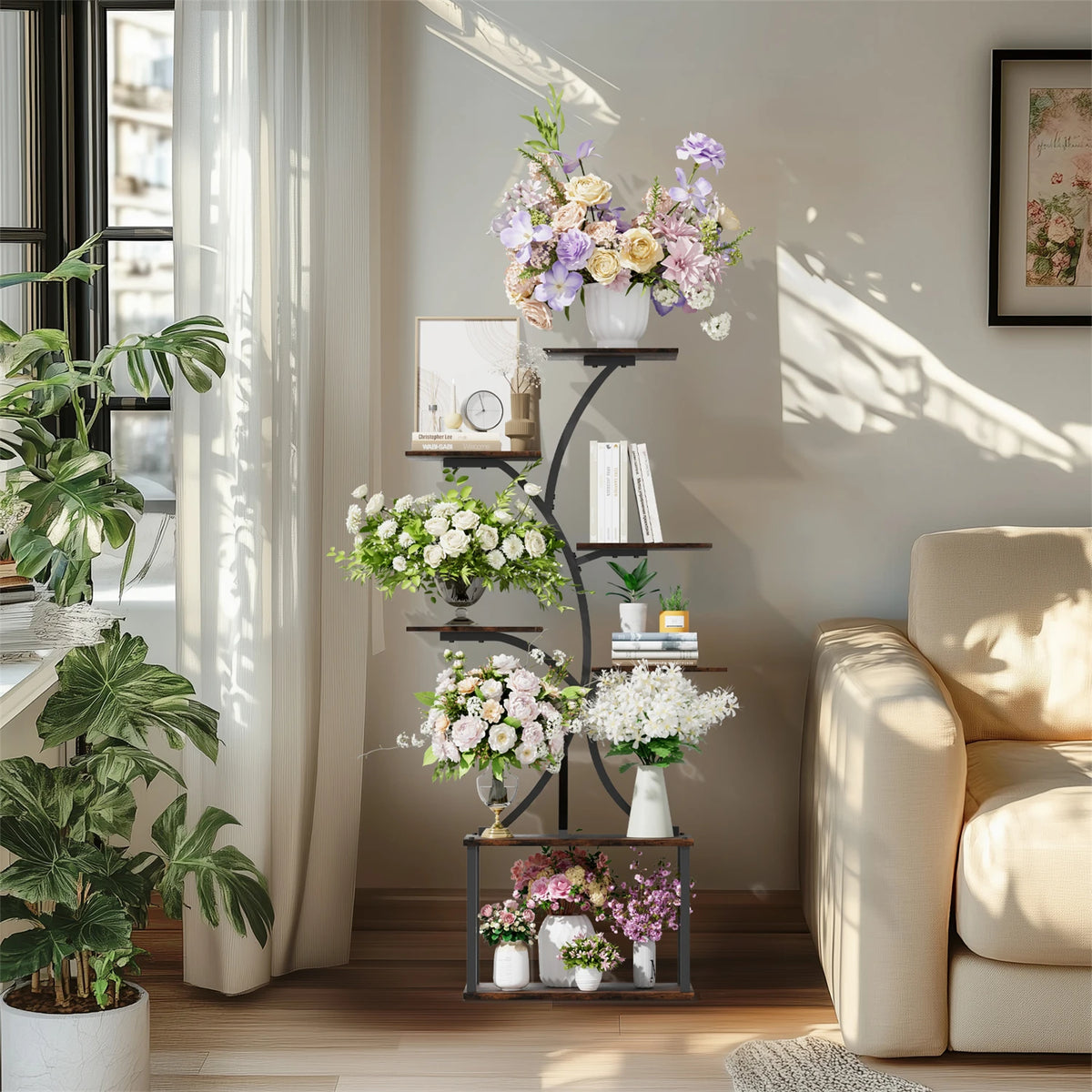 Tree Shaped Metal Plant Stand With Wooden Display Shelves
