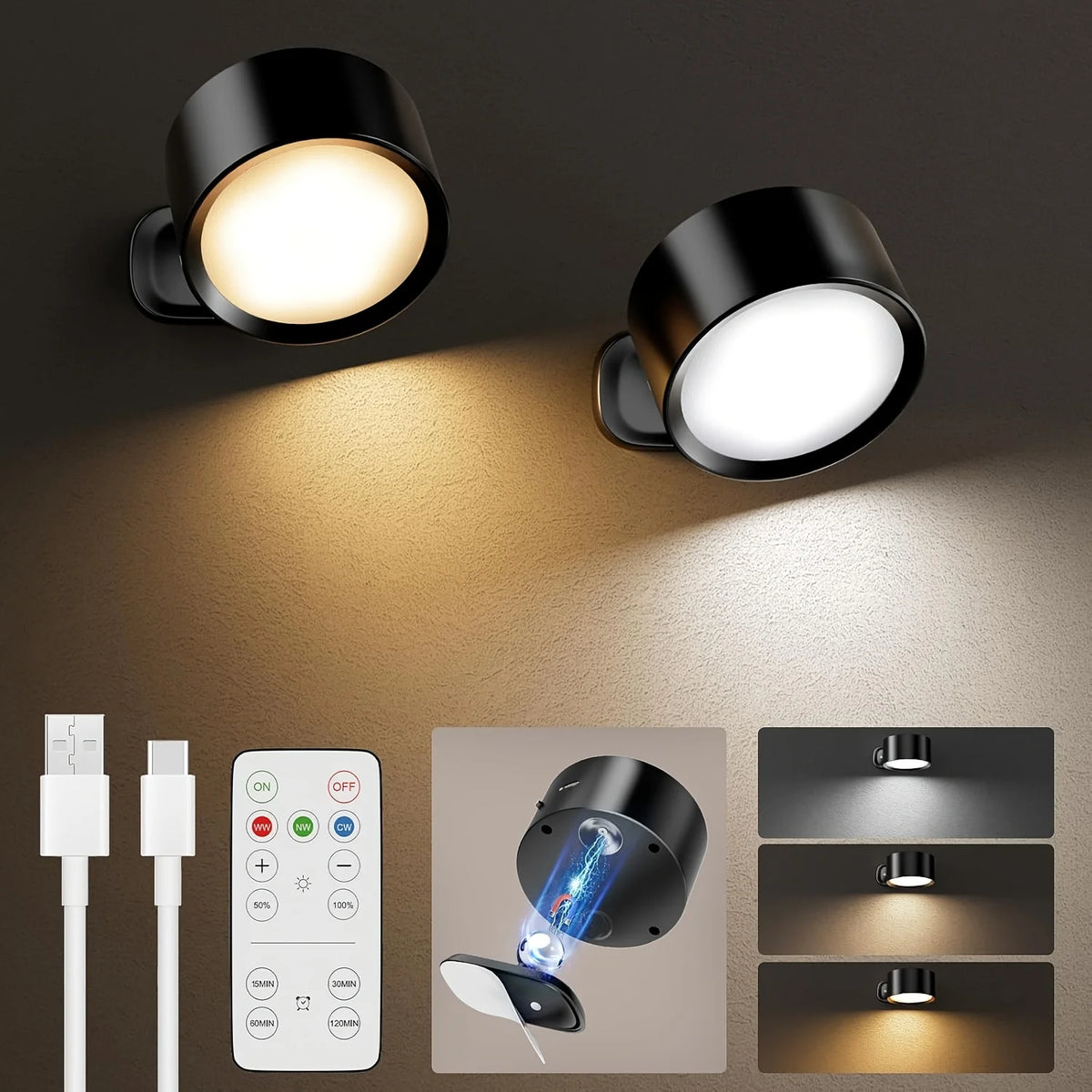 2PCS Magnetic LED Wall Sconce Light USB Rechargeable Dimmable 3 Color Temperatures Warm Cool Daylight Remote & Touch Dual Control 360° Rotation Wall Mount Lamp for Bedroom Study Reading Living Room Hallway Closet Stairway In